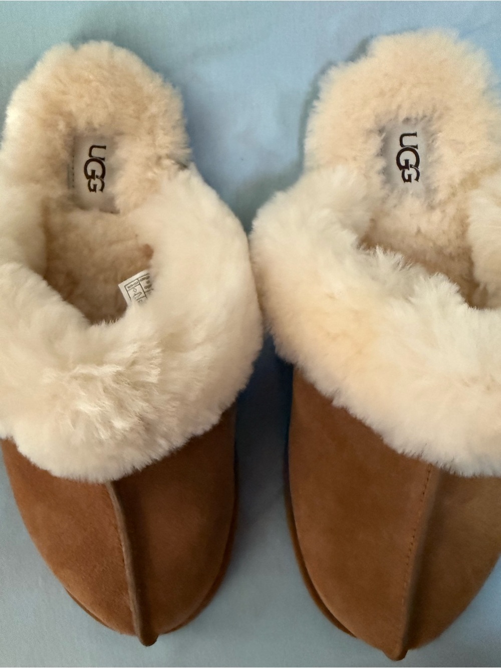 UGG Chestnut Suede Sheepskin Clog Slippers with Cream Fur Cuff